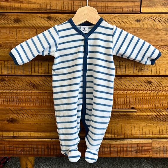 Petit Bateau Blue Stripe Velour Footie 1 month - Picture 1 of 4